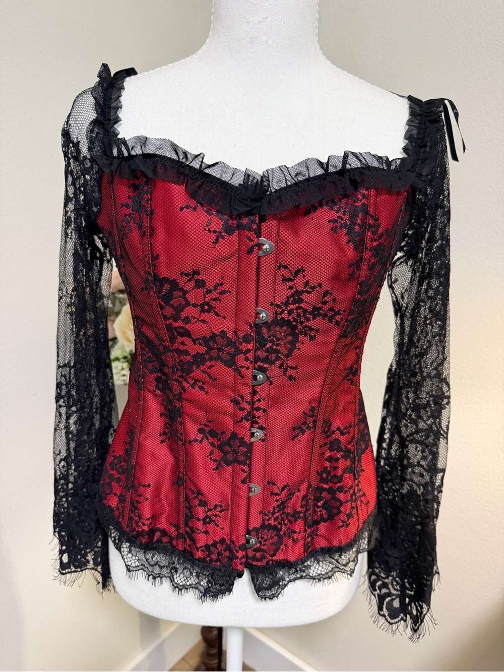 Vampire Red Corset Sexy Black Lace Sleeves Ruffle Halloween 🎃 Costume
